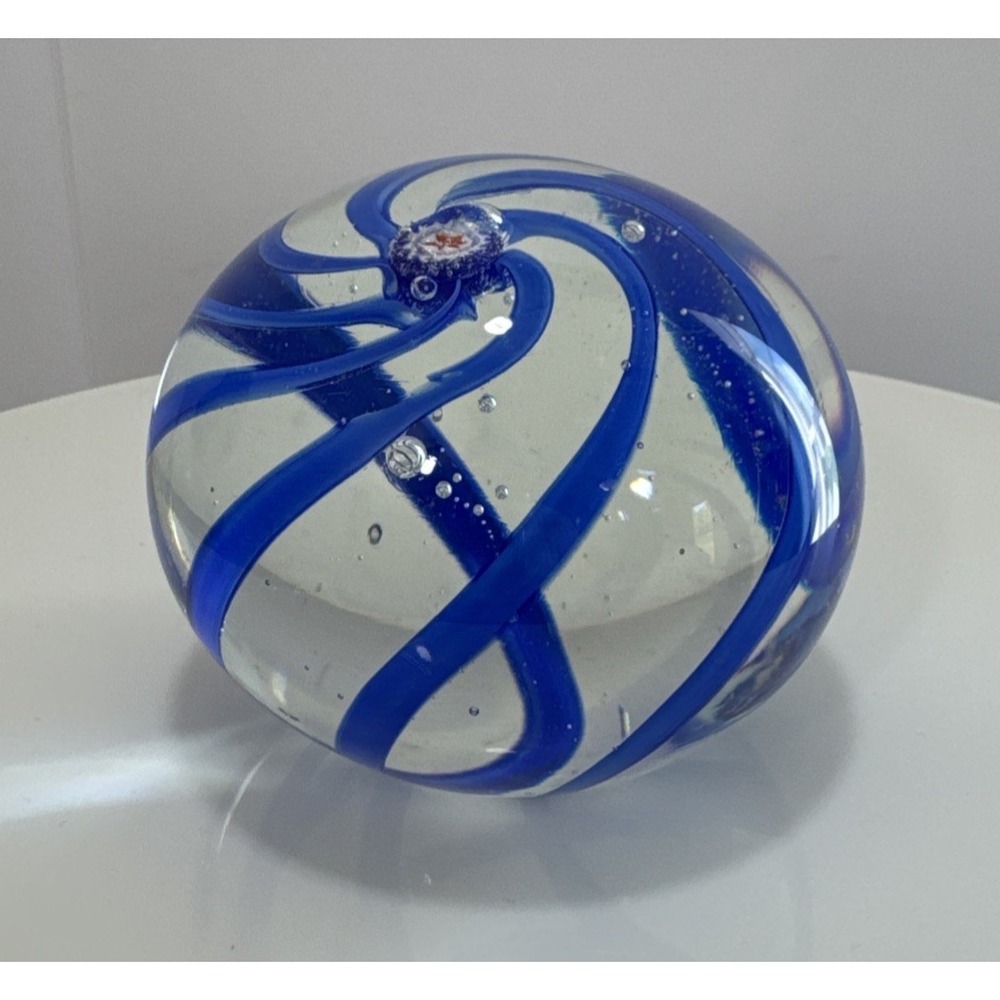 Vintage Hand Blown Art Glass Paperweight Cobalt Blue Swirl Controlled Bubbles